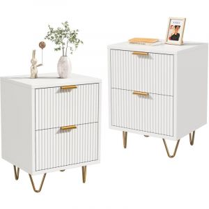 Lot de 2 tables de chevets - 2 tiroirs coulissants - Façade ondulée - Piètement épingle métal doré - Panneau de particules blanc