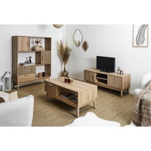 Pajan - Ensemble Salon Complet Effet Bois avec Tasseaux - Marron clair