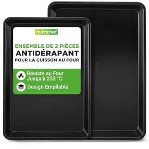 Nutrichef Lot de 2 Plaques à Biscuits Antiadhésives Noires – Ustensiles de Cuisine en Acier au Carbone Non Toxique, Empilables, Parfaits pour Biscuits, Brownies, Roulés – Résistantes au Four, Faciles