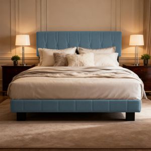 Cadre de lit 140x200 cm, Tissu Velours, avec sommier à Lattes, Cadre de lit avec tête de lit rembourrée réglable en hauteur, sans Matelas (Gris bleu,