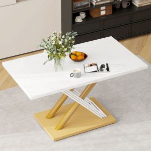 Table à manger 140x80x75cm - table rectangulaire avec plateau aspect marbre, pieds réglables - Blanc