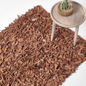 Homescapes - Tapis Shaggy Cuir Dallas Marron 150 x 240 cm