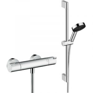 Hansgrohe Ecostat Set Mitigeur thermostatique douche + Douchette &agrave; main xxl 105mm 3 jets, flexible douche 160cm, barre 65cm