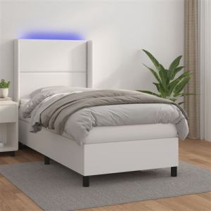 VidaXL Sommier à Lattes de Lit avec Matelas et LED, Lit Rembourré, Lit Simple, Lit Adulte de Chambre à Coucher Intérieur, Moderne, Blanc 90x190cm Similicuir