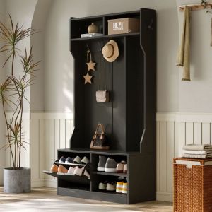 Armoire avec meuble &agrave; chaussures, porte-manteau d'entr&eacute;e - 6 crochets 1 porte, 2 compartiments de rangement ouverts, noir