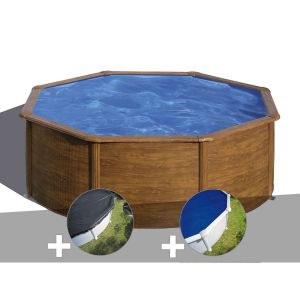 Gre Kit piscine acier aspect bois Pacific ronde 3,70 x 1,22 m + Bâche d'hivernage + Bâche à bulles