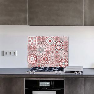 Crédence cuisine en aluminium - Pose autocollante Bisknight Rouge, blanc et gris - 90 x 70 cm – Idéal fond de hotte