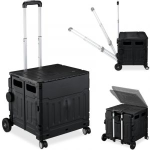 Relaxdays Chariot de courses pliable, caisse à roulettes, avec couvercle, poignée inclinable, 50 kg, noir