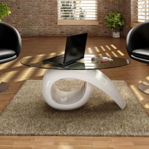 Image de VidaXL Table basse avec dessus de table en verre ovale Blanc brillant