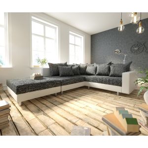 Canap&eacute;-d'angle Clovis blanc noir modulaire accoudoir Tabouret Pouf Gauche