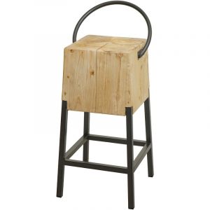 Tabouret de bar MENDLER HWC-L76 métal industriel bois massif certifié MVG naturel