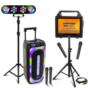 Image de Pack Karaoké Enceinte Portable Bluetooth 1000W MS-MAGIC-SOUND1000 - Enceinte Écran Portable sur Pied - 4 Micros - Portique Lumière