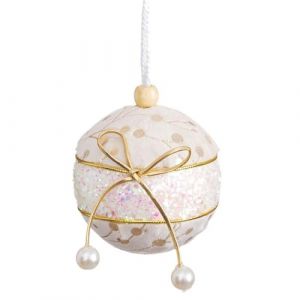 Lot de 6 Boules de Noël Blanches et dorées en polyfoam en Tissu avec nœud 6 x 6 x 6 cm