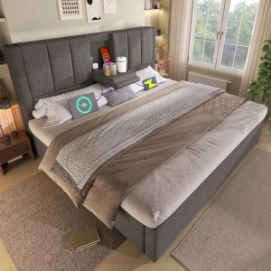 Lit Adulte 140x190 cm Lit Coffre avec Porte-Gobelet 3 Ports USB et Sommier &agrave; Lattes Lin Gris (Sans Matelas ni Fond)