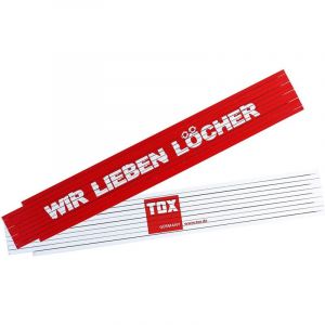 Tox Mètre pliant 2m en rouge/blanc - Mètre pliant avec impression Nous aimons les trous - Mètre pliant en bois de hêtre avec fonction de mesure d'angle et chiffres décimaux colorés - 9969001-1 pièce