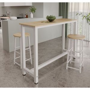 Muebles Bonitos - Table haute avec 2 Tabourets Pieds métal 140x100x40cm Bar cuisine Modèle Ani Blanc et Sonoma