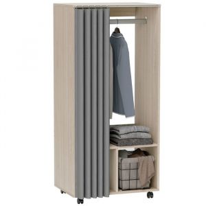 Homcom Armoire penderie - avec rideau, 4 roulettes, tringle de suspension et étagères - 60 x 40 x 128 cm - effet bois naturel