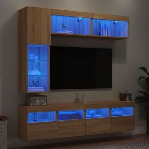 VidaXL Ensemble de Meubles TV Muraux et Lumières LED 7 pcs, Armoires de Télévision Suspendues, Ensemble de Meubles Télé Flottants, Chêne Sonoma