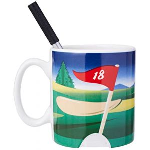 Relaxdays Golftasse mit Schläger, Putter mit Kugelschreiber, 2 Golfbälle, lustiges Golfgeschenk, Golf Kaffeetasse, bunt -