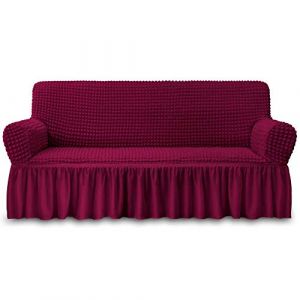NICEEC Housse de canapé Rouge, 1 pièce, Facile à Ajuster, Housse de canapé Universelle, Haute élasticité et Durable avec Jupe, Style campagnard (3 Places, Rouge vin), L