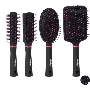 Image de Relaxdays Brosse à cheveux en jeu de 4, étui pour déplacements, brosses en plastique, rondes, de voyages,couleurs