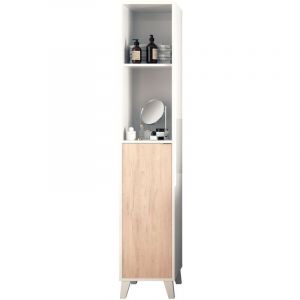 Pegane Colonne SDB coloris blanc brillant / effet bois - Hauteur 177 x Longueur 33 x Profondeur 30 cm