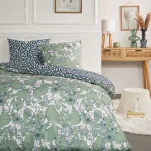 Today Parure de lit double en flanelle de coton imprimé floral - Vert - 220 x 240 cm
