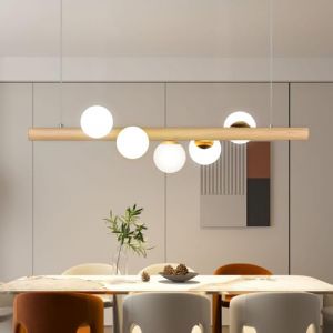 Azanaz Suspension-Lustre Bois Table-Manger Lampe-suspendue Verre - Suspension G9 Ampoule Lustre Suspendu en Forme de Boule, Plafonnier Pour la Salle &agrave; Manger