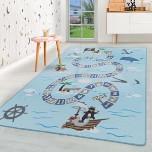 HomebyHome Tapis pour Enfants Poils Courts Concevoir Pirate Maritime Chambre d'enfant de b&eacute;b&eacute; Salle de Jeux Doux Lavable Rectangulaire Gar&ccedil;ons Filles Bleu, Couleur :Bleu, Taille:160x230 cm