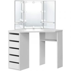 Coiffeuse Moderne Blanc 110x141,5x54 cm avec Éclairage led, 3 Miroirs, 5 Tiroirs, 3 Étagères de Rangement, Bois mdf, Table de Maquillage de Toilette,