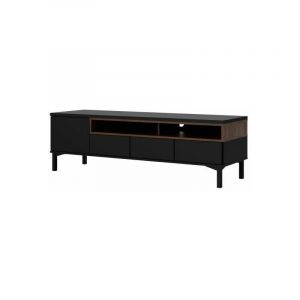VIBORG Meuble TV 1 porte 3 tiroirs Décor noyer et noir L 155,7 x P 48,3 x H 48,2 cm