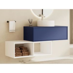 Meuble de salle de bain suspendu avec vasque ronde - 1 tiroir bleu et 2 niches blanches - 94 cm - TEANA II