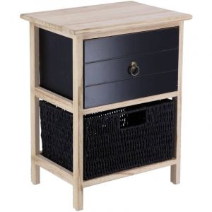 Tendance Table d'appoint Table de chevet en Bois Noir et Naturel avec 1 Tiroir et 1 Panier tressé H 48 cm