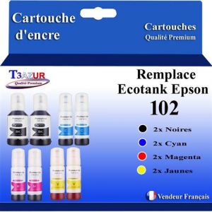 T3AZUR - 8x Recharges compatibles avec Epson EcoTank ET-3750, ET-3850, ET-4750, ET-4850, ET-4856, 102