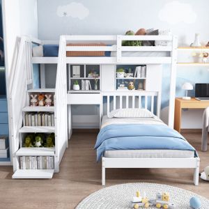 Hauss Spole - Lit superposé enfant 90x200cm, avec bureau + etagères de rangement, escalier de rangement, pin, sans matelas, blanc