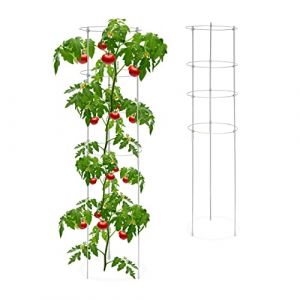 Relaxdays Tuteur &agrave; tomates en lot de 2, m&eacute;tal et plastique, hauteur : 120 cm, 4 anneaux r&eacute;glables, pour plantes, gris