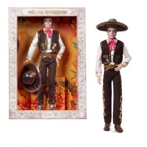 Mattel Signature Poupée Ken Día De Muertos avec chemise couleur crème, gilet et pantalon noirs, sombrero et maquillage calavera, JBJ06
