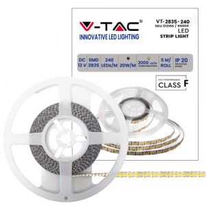 V-TAC Ruban LED bobine de 5 mètres 20 W au mètre ruban lumineux SMD 2835 Couleur de la lumière blanche froide 6500 K d'intérieur avec bande adhésive, alimenté à 12 V.