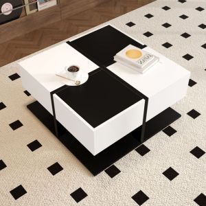 Table basse brillante 70&times;70&times;35,5 cm - carr&eacute;e - avec 2 tiroirs - panneau de particules - noir et blanc