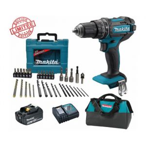 Makita Perceuse visseuse &agrave; percussion 18V 62Nm DHP482 + 1 batt 3 Ah + Coffret 34 accessoires de per&ccedil;age vissage MACCESS + sac