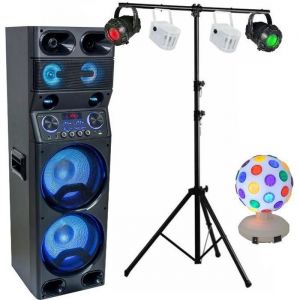 Ibiza Sound ENSEMBLE ENCEINTE SONO BLUETOOTH USB + JEUX DE LUMIERE avec SUPPORT PORTIQUE DJ idéal pour vos animations anniversaire mariage
