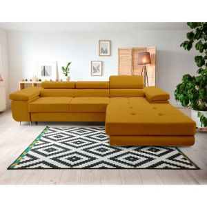 Canapé d'angle droit convertible 6 places en velours jaune