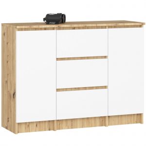 Commode AKORD K100 Ch&ecirc;ne Artisan 101 cm 2 portes 3 tiroirs fa&ccedil;ade Blanche 4 &eacute;tag&egrave;res 101x35x76 cm