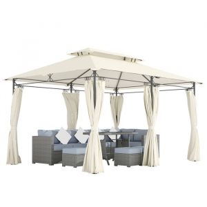Outsunny Tonnelle de jardin - 3 x 4 m - avec 6 rideaux amovibles - &agrave; double toit - pour patio, terrasse, festival - cr&egrave;me