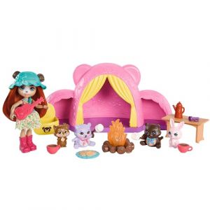 Mattel Enchantimals Coffret Tente De Camping Cuddlers avec Poupée Et 4 Figurines D’Animaux, Sac De Couchage, Feu De Camp, Et Autres Accessoires Inclus, Jouet Enfant, A Partir De 4 Ans, HTW71