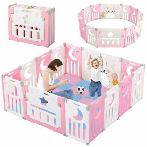 Image de Parc B&eacute;b&eacute; D?Activit&eacute;s De S&eacute;curit&eacute; Pliable Avec Porte Verrouillable Pour Enfants De 10 Mois &Agrave; 6 Ans?Rose Et Blanc,14 Panneaux