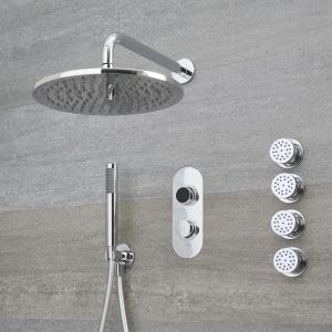 Hudson Reed Douche Digitale Thermostatique 3 Fonctions - Pommeau Douche Plafond Ø 30cm sur Bras 32cm - Douchette & 4 Jets Hydromassants - Narus