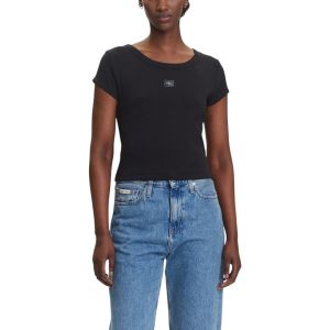 Calvin Klein T-Shirt Manches Courtes Femme Woven Label Rib Baby Tee Col Ras-du-Cou, Noir (Bla, S