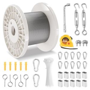VEVOR Câble Acier Inoxydable, 3,18 mm x 30,5 m, Câble Métallique Inox 304 Tressé 7x7 Qualité Aéronautique avec Multiples Accessoires, Résistance de Rupture 2,9 kN, pour Garde-corps, Clôture, Rampe