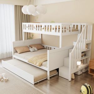 Lit Superpos&eacute; Enfant - 90x200/140x200cm - Bois Massif - Escalier S&eacute;curis&eacute; - Certifi&eacute; EN747 - Blanc